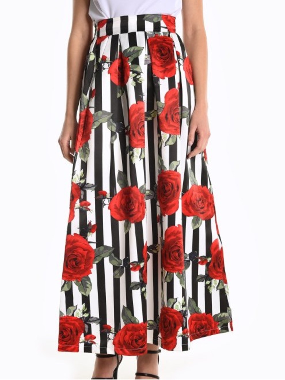 Bold Rose Print Maxi Skirt Black White Stripes with Pockets! L/XL
